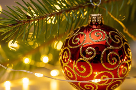 Close-up of a red Christmas bauble decorated with glittering golden patterns hanging on a fir tree branch with festive bokeh lights in the backgroundの素材