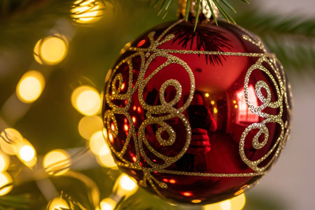 Close-up of a red Christmas bauble decorated with glittering golden patterns hanging on a fir tree branch with festive bokeh lights in the backgroundの素材