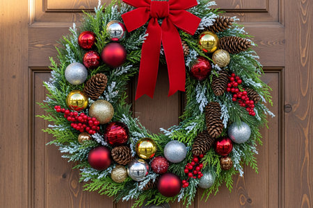 Festive Christmas wreath decorated with red ribbon, baubles, and pine cones hanging on a wooden door, symbolizing holiday tradition and seasonal celebrationの素材