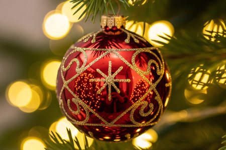 Close-up of a red Christmas bauble decorated with glittering golden patterns hanging on a fir tree branch with festive bokeh lights in the backgroundの素材