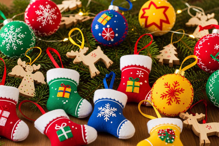 Handmade fabric ornaments in star, stocking, and ball shapes with wooden reindeer, houses, and snowflakes arranged on pine branches for festive holiday decorの素材