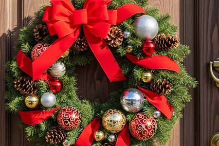 Festive Christmas wreath decorated with red ribbon, baubles, and pine cones hanging on a wooden door, symbolizing holiday tradition and seasonal celebrationの素材