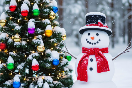 Cheerful snowman with red scarf and black hat standing next to a decorated Christmas tree with lights and ornaments in a snowy outdoor settingの素材