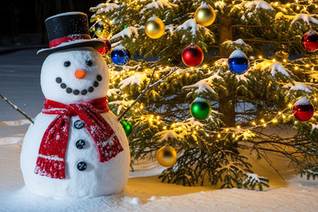 Cheerful snowman with red scarf and black hat standing next to a decorated Christmas tree with lights and ornaments in a snowy outdoor settingの素材