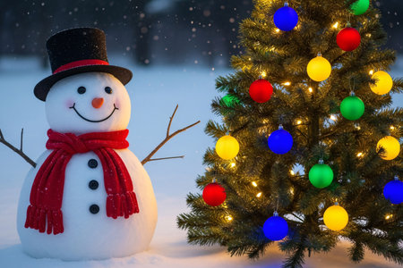 Cheerful snowman with red scarf and black hat standing next to a decorated Christmas tree with lights and ornaments in a snowy outdoor settingの素材