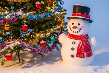 Cheerful snowman with red scarf and black hat standing next to a decorated Christmas tree with lights and ornaments in a snowy outdoor settingの素材