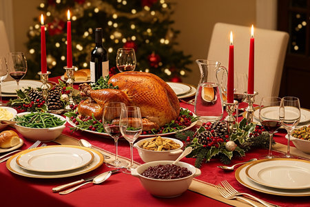 Holiday table decorated with candles, crystal glasses, and pinecones featuring a golden roast turkey and side dishes, creating a warm Christmas or Thanksgiving celebrationの素材