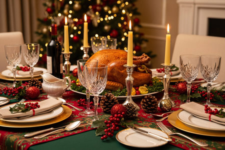Holiday table decorated with candles, crystal glasses, and pinecones featuring a golden roast turkey and side dishes, creating a warm Christmas or Thanksgiving celebrationの素材