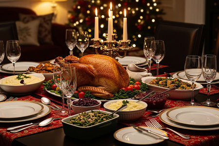 Holiday table decorated with candles, crystal glasses, and pinecones featuring a golden roast turkey and side dishes, creating a warm Christmas or Thanksgiving celebrationの素材