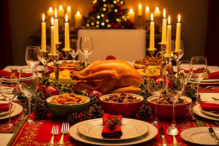 Holiday table decorated with candles, crystal glasses, and pinecones featuring a golden roast turkey and side dishes, creating a warm Christmas or Thanksgiving celebrationの素材