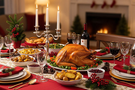Holiday table decorated with candles, crystal glasses, and pinecones featuring a golden roast turkey and side dishes, creating a warm Christmas or Thanksgiving celebrationの素材