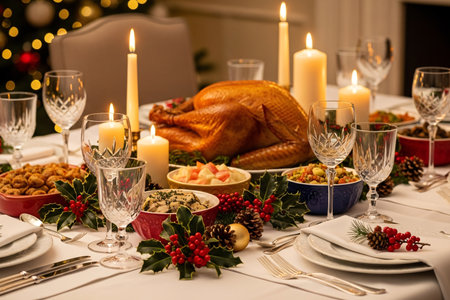 Holiday table decorated with candles, crystal glasses, and pinecones featuring a golden roast turkey and side dishes, creating a warm Christmas or Thanksgiving celebrationの素材