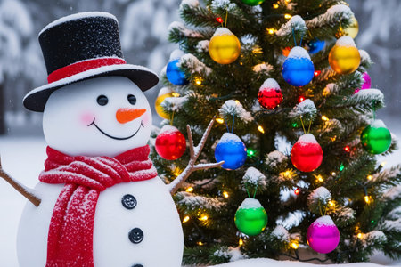 Cheerful snowman with red scarf and black hat standing next to a decorated Christmas tree with lights and ornaments in a snowy outdoor settingの素材