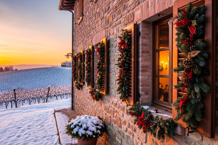 Traditional stone farmhouse adorned with Christmas garlands, wreaths, and red ribbons at sunset, surrounded by snowy vineyards in a winter countryside settingの素材