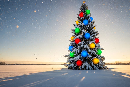Large outdoor Christmas tree decorated with red and gold ornaments standing in a snowy winter landscape, ideal for seasonal holiday themes and festive design projectsの素材