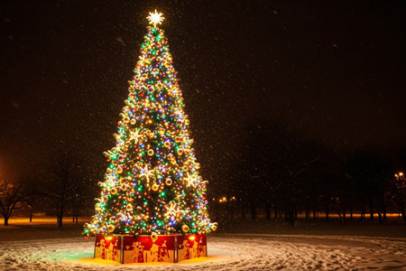 Large Christmas tree decorated with colorful lights and ornaments shining brightly in a snowy night park, creating a festive and magical holiday atmosphereの素材