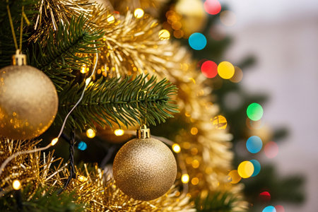 Close-up of a decorated Christmas tree with golden baubles, sparkling tinsel, and festive string lights, creating a warm holiday atmosphere with colorful bokeh.の素材