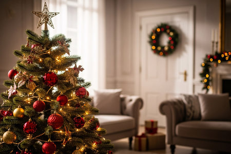 Cozy holiday living room featuring a Christmas tree adorned with red and gold baubles, garlands, and a star topper, with fireplace and wreath decorations in the background.の素材