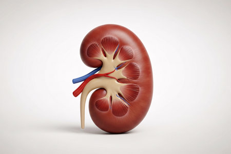 3D medical illustration of a human kidney showing internal structure, renal cortex, medulla, and blood vessels, useful for healthcare, education, and anatomy references.の素材