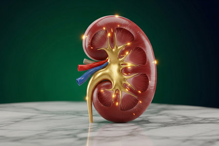 3D medical illustration of a human kidney with highlighted golden anatomy details, placed on a marble surface with dark green background, symbolizing health and premium concept.の素材