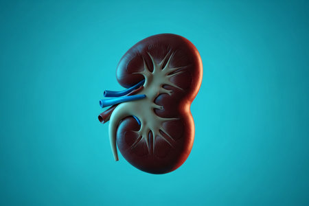 3D medical illustration of a human kidney with renal arteries and veins displayed against a clean blue background, ideal for healthcare education, anatomy study, and medical design.の素材