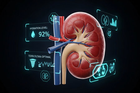 3D medical illustration of a human kidney with futuristic digital dashboard showing hydration, toxin filter, and renal function metrics, symbolizing modern healthcare and medical technology.の素材