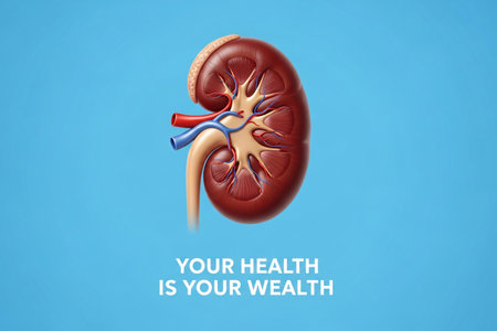 3D illustration of a human kidney with health awareness text on a blue background, designed for medical campaigns, wellness posters, and healthcare education visuals.の素材