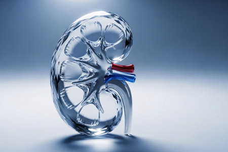 3D illustration of a transparent crystal kidney with vascular details, symbolizing advanced healthcare technology, organ research, and futuristic medical innovation.の素材