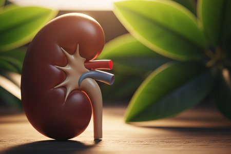 3D illustration of a human kidney model placed on a wooden table with natural sunlight and green leaves in the background, symbolizing health and wellness.の素材