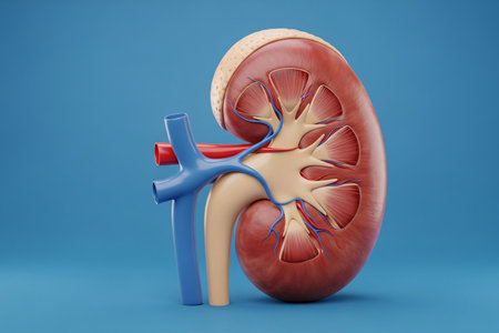 3D rendering of a human kidney cross-section showing arteries, veins, and internal structure, designed for medical education, healthcare illustration, and anatomy reference.の素材