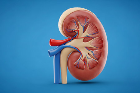 3D rendering of a human kidney cross-section showing arteries, veins, and internal structure, designed for medical education, healthcare illustration, and anatomy reference.の素材