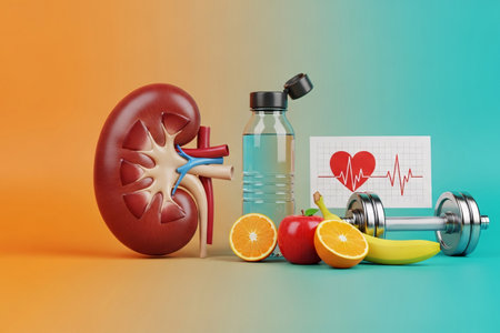 3D illustration of a human kidney model surrounded by fresh fruits, water bottle, and dumbbell, symbolizing hydration, nutrition, fitness, and overall kidney health.の素材
