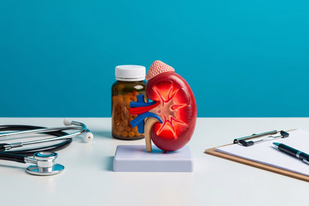 3D anatomical kidney model displayed on a desk with stethoscope, clipboard, and medicine bottle, illustrating renal health, treatment, and medical education concept.の素材