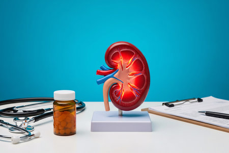 3D anatomical kidney model displayed on a desk with stethoscope, clipboard, and medicine bottle, illustrating renal health, treatment, and medical education concept.の素材