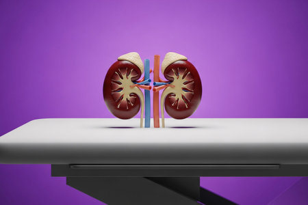 Detailed anatomical model of human kidneys displayed on a white medical table with a purple background, symbolizing healthcare, urology, and medical education.の素材