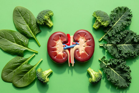 Medical kidney model displayed with fresh broccoli, spinach, and kale on a green surface, symbolizing nutrition, healthy lifestyle, and renal care.の素材