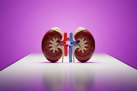 Detailed anatomical model of human kidneys displayed on a white medical table with a purple background, symbolizing healthcare, urology, and medical education.の素材