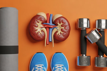 Human kidney anatomical model displayed with dumbbells, sneakers, and a yoga mat on a bright orange background, symbolizing exercise, health, and kidney care.の素材