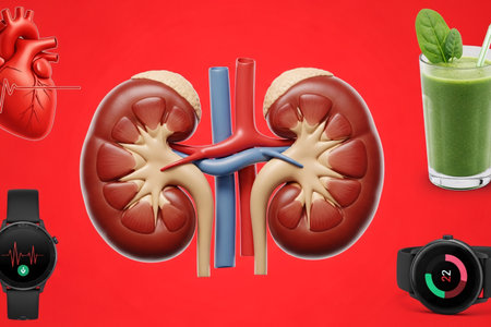 3D illustration of human kidney anatomy surrounded by health lifestyle icons including smartwatch, heart rate, sneakers, and green juice on a red background.の素材