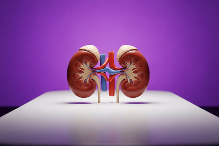 Detailed anatomical model of human kidneys displayed on a white medical table with a purple background, symbolizing healthcare, urology, and medical education.の素材