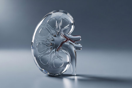 Transparent glass kidney model displayed on neutral background, symbolizing medical research, anatomy education, and modern healthcare visualization in scientific contexts.の素材