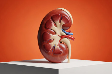 3D anatomical model of a human kidney displayed on a pedestal with vibrant orange background, ideal for medical education, healthcare illustration, and biology research.の素材