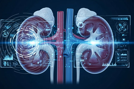 3D illustration of human kidneys connected to futuristic digital medical interface with holographic health data, representing innovation in kidney research and healthcare technology.の素材