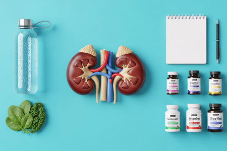 Medical concept showing human kidney model with water bottle, supplements, spinach, and notebook on blue background, representing nutrition and healthcare planning.の素材