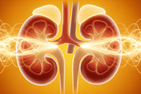 3D medical illustration of human kidneys with adrenal glands and highlighted neural pathways, suitable for healthcare, anatomy, and educational concepts.の素材