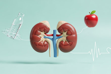 3D medical illustration of human kidneys with water bottle, apple, and heartbeat line, symbolizing hydration, nutrition, and kidney health for wellness and healthcare concepts.の素材