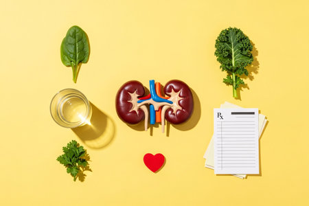 3D medical illustration of human kidneys surrounded by fresh vegetables, water, stethoscope, and medical notes, symbolizing kidney health, nutrition, and preventive care.の素材