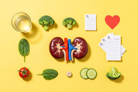 3D medical illustration of human kidneys surrounded by fresh vegetables, water, stethoscope, and medical notes, symbolizing kidney health, nutrition, and preventive care.の素材
