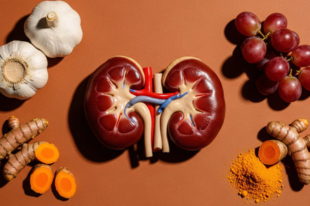 Medical concept showing human kidney model surrounded by garlic, turmeric, and grapes on a brown background, symbolizing nutrition, detox, and kidney health support.の素材