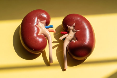 Realistic human kidney model displayed on a bright yellow background with dramatic shadow, symbolizing kidney health, anatomy study, and medical education concept.の素材
